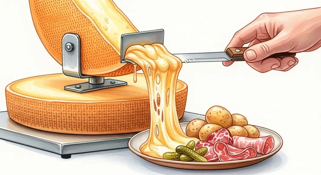 Illustration de la recette de la raclette traditionnelle de Savoie avec le fromage coulant de la meule sur les accompagnements