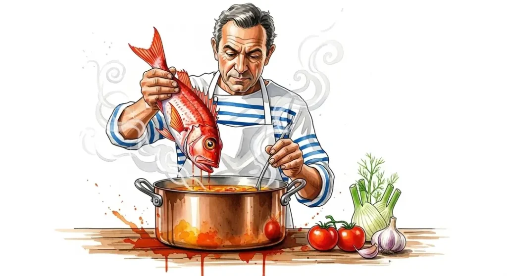 Un chef prépare la recette traditionnelle de la bouillabaisse marseillaise en ajoutant des poissons de roche comme la rascasse dans la marmite.