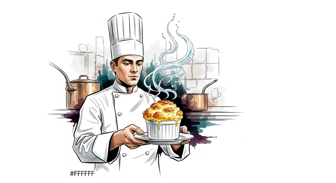 Illustration d'un chef du 19e siècle symbolisant l'histoire du soufflé au fromage