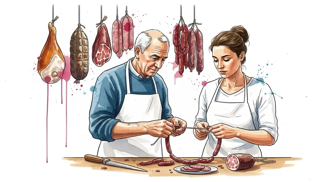 Illustration d'un artisan transmettant son savoir-faire familial dans un atelier de charcuterie artisanale familiale