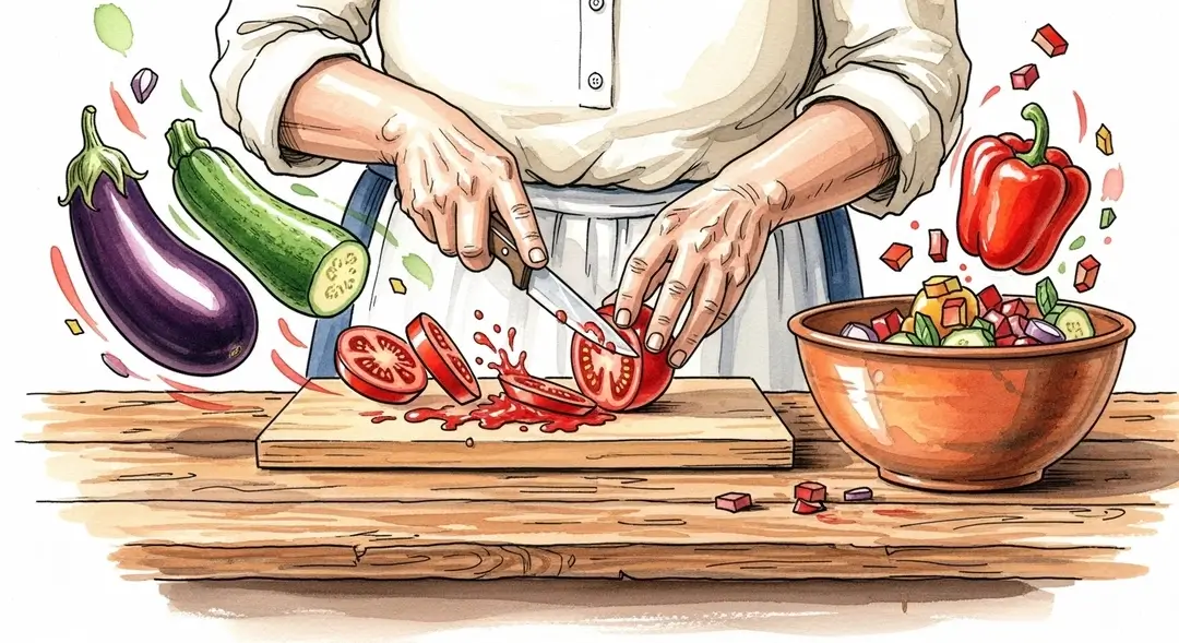 Mains de femme préparant une ratatouille
