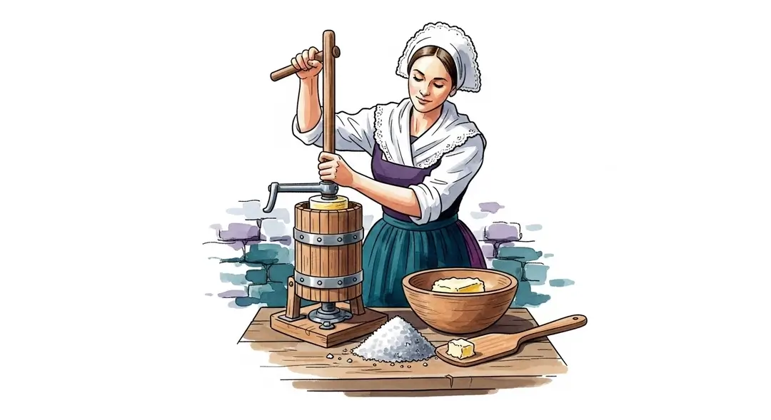 Illustration d'une femme en coiffe préparant le beurre salé breton