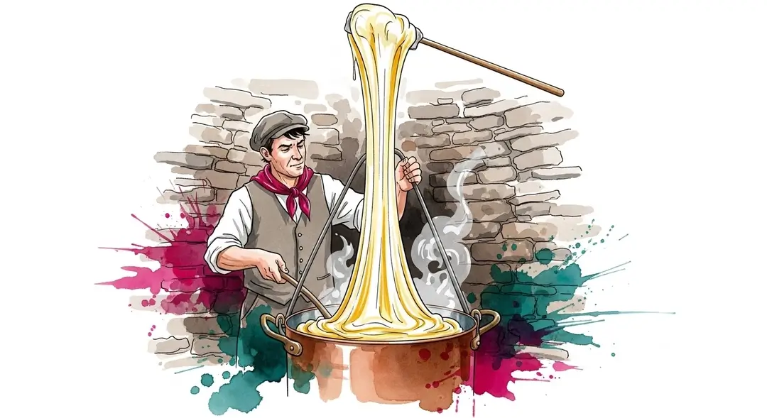 Illustration d'un buronnier préparant l'aligot traditionnel d'Aveyron