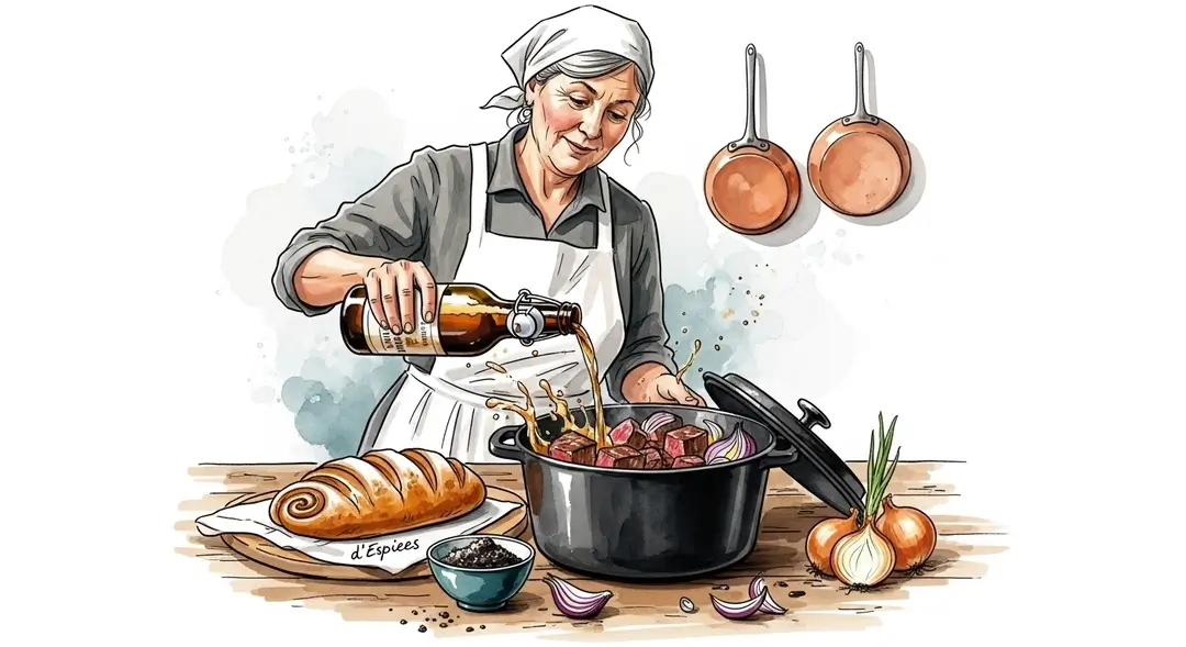 Illustration d'une femme préparant une recette de la cuisine ch'ti : elle verse de la bière ambrée dans une cocotte pour une carbonade flamande