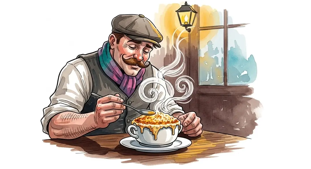 Un travailleur parisien dégustant une soupe à l'oignon traditionnelle et gratinée