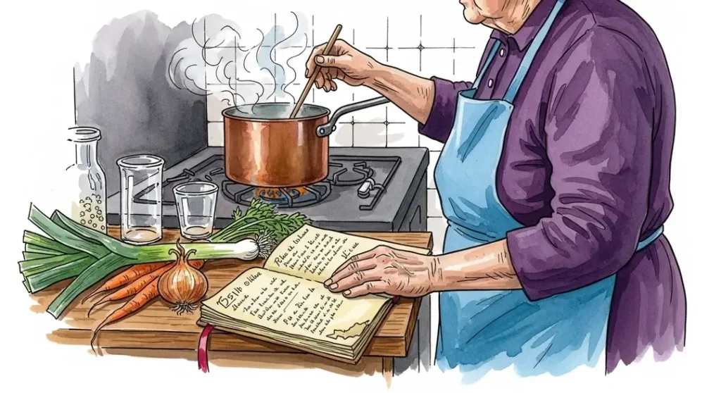 Illustration d'une grand-mère qui assure la transmission des recettes ancestrales de soupes traditionnelles
