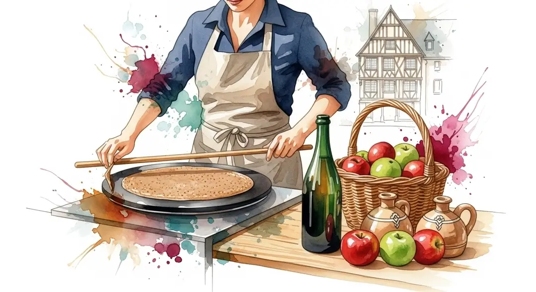 Illustration d'une crêpière aux fêtes gastronomiques de Normandie préparant une galette au sarrasin