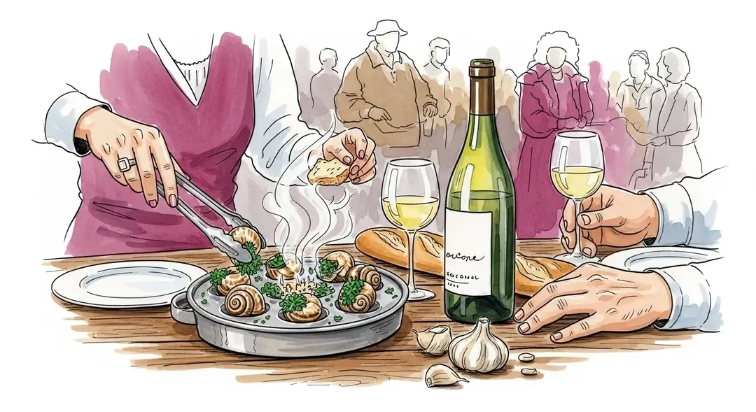 Illustration à l'aquarelle d'une dégustation d'escargots de Bourgogne lors d'un repas de fête