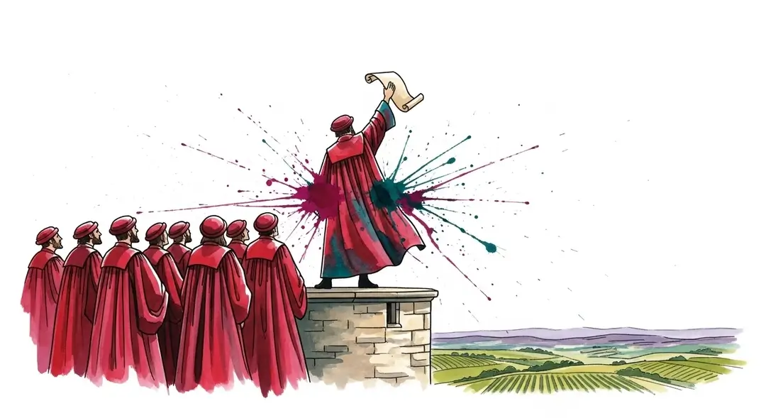 Illustration des traditions viticoles pour les vendanges à Bordeaux : la Jurade de Saint-Émilion en robes de cérémonie proclamant le ban des vendanges depuis une tour médiévale.
