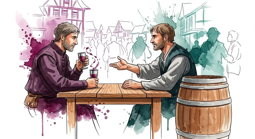 Aquarelle illustrant le commerce du vin lors des foires aux vins historiques de Champagne : un vigneron et un marchand négocient sur un marché aux vins médiéval.