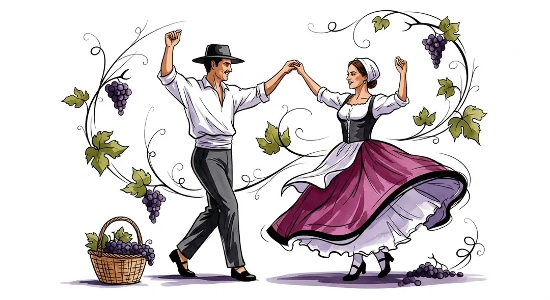 Illustration des traditions et coutumes des vendanges en Languedoc-Roussillon montrant la culture viticole à travers une fête des vendanges avec une danse folklorique.