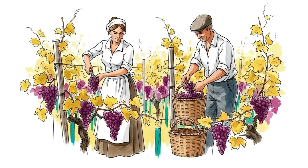 Illustration de vendangeurs en costumes d'époque participant aux fêtes des vendanges en Champagne