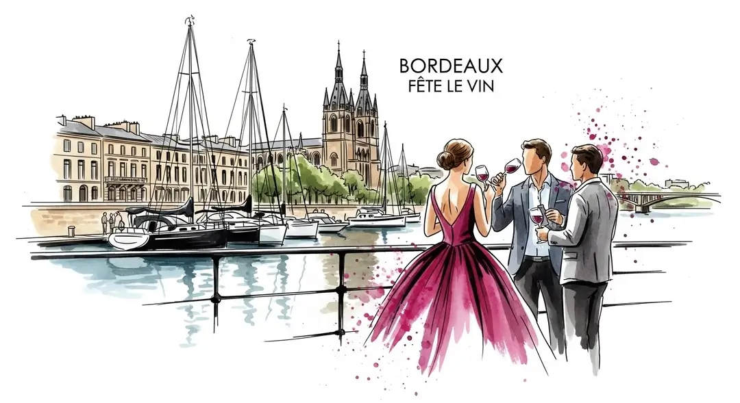 Aquarelle de la Bordeaux Fête le Vin avec des visiteurs utilisant leur pass dégustation
