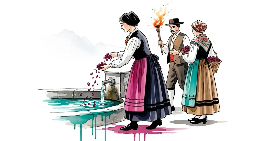 Illustration des rituels aux sources pendant les fêtes de l'eau dans les Pyrénées