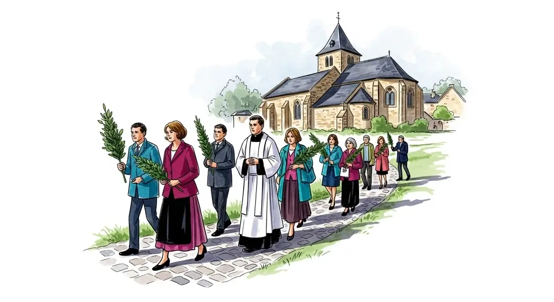 Une illustration à l'aquarelle montrant la célébration de Pâques dans une paroisse rurale : des fidèles suivent le prêtre lors de la procession du Dimanche des Rameaux