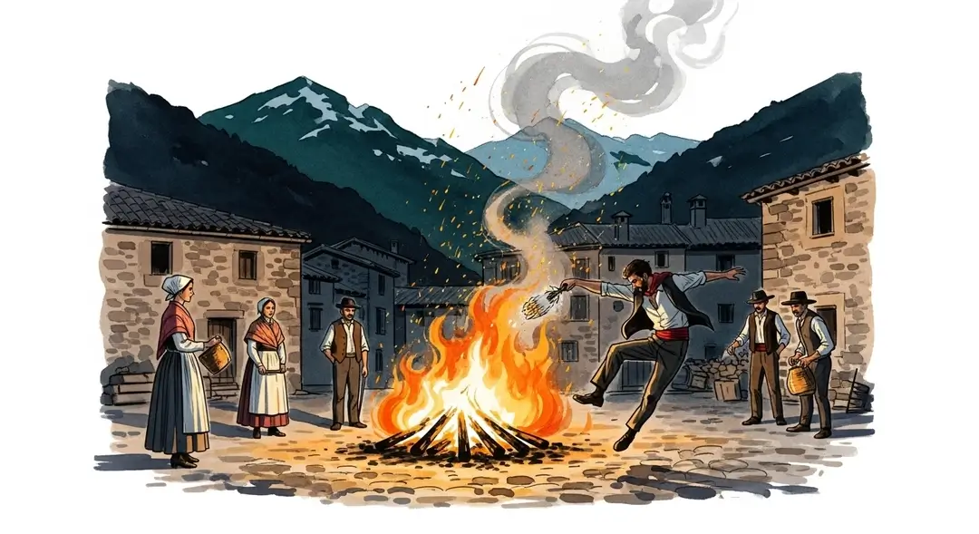 Illustration d'un homme sautant par-dessus un feu de joie lors des rituels de purification des Pyrénées