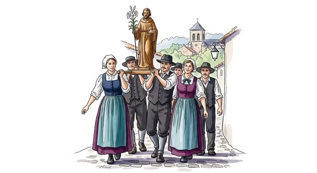 Illustration des traditions rurales françaises : une procession pour la messe traditionnelle Saint-Joseph