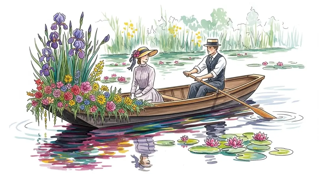 Une barque fleurie lors des fêtes de la rivière à Giverny