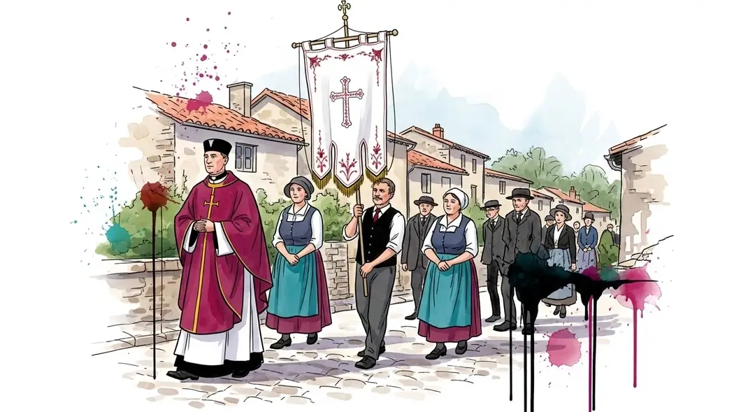 Une procession de jubilé paroissial avance dans un village