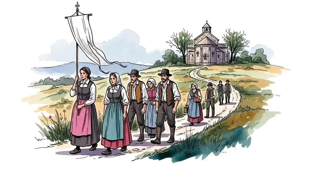 Aquarelle d'une procession religieuse menant à l'un des ermitages ruraux de France. Des pèlerins illustrent la tradition des pèlerinages vers les chapelles rurales.
