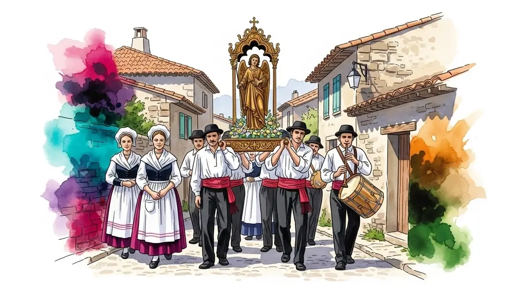 Illustration de la fête votive de Saint-Raphaël en Provence montrant une procession religieuse issue du folklore provençal avec des villageois en costume traditionnel.