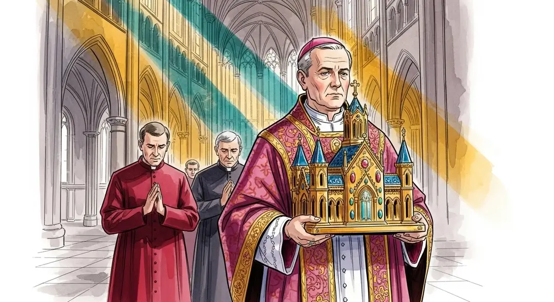 Vénération des reliques dans une cathédrale gothique : un évêque porte un reliquaire médiéval lors d'une procession sacrée.