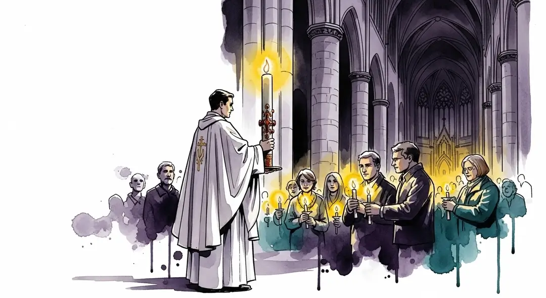 Illustration d'une procession aux cierges durant la Veillée pascale