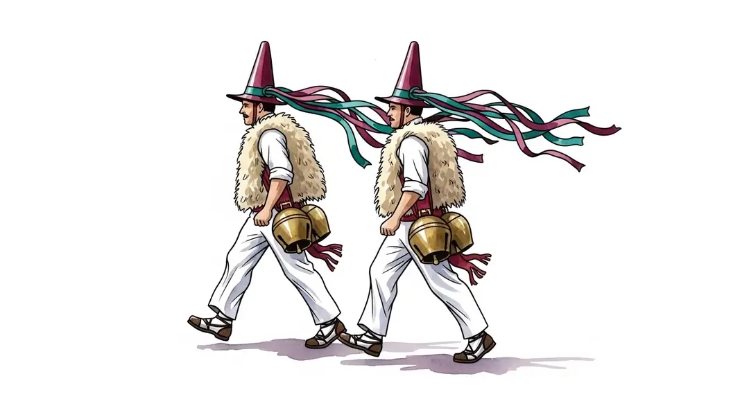 Deux hommes en costumes de Joaldunak avancent en rythme