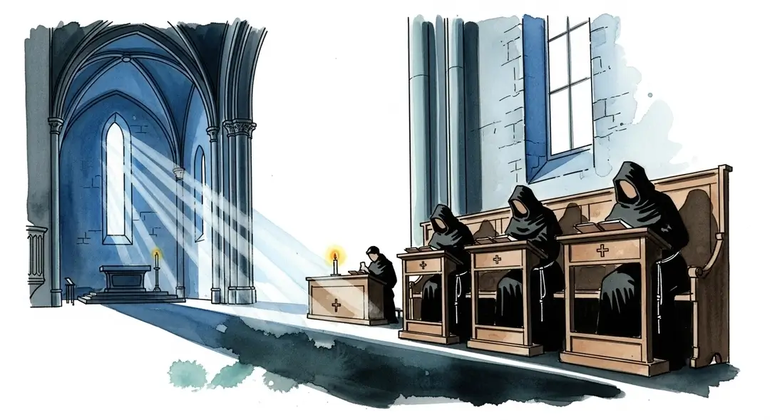 Illustration à l'aquarelle de moines trappistes durant la prière matinale des Vigiles dans une abbaye