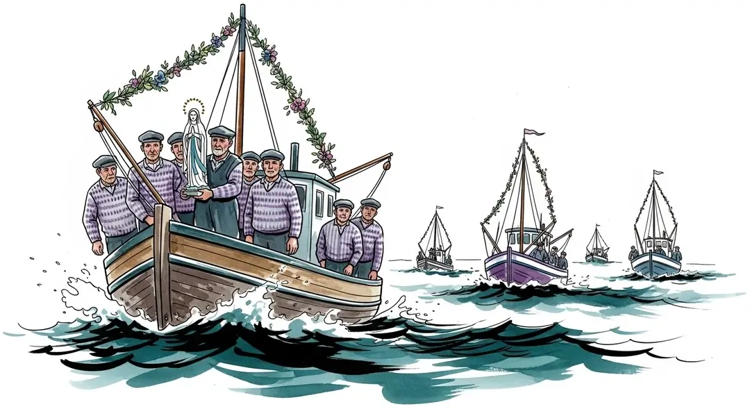 Illustration de marins bretons lors d'une procession en mer