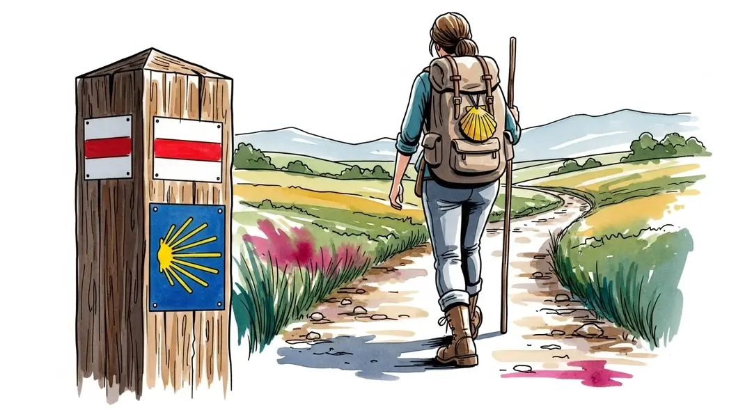 Une pèlerine sur un itinéraire des chemins de Compostelle en France