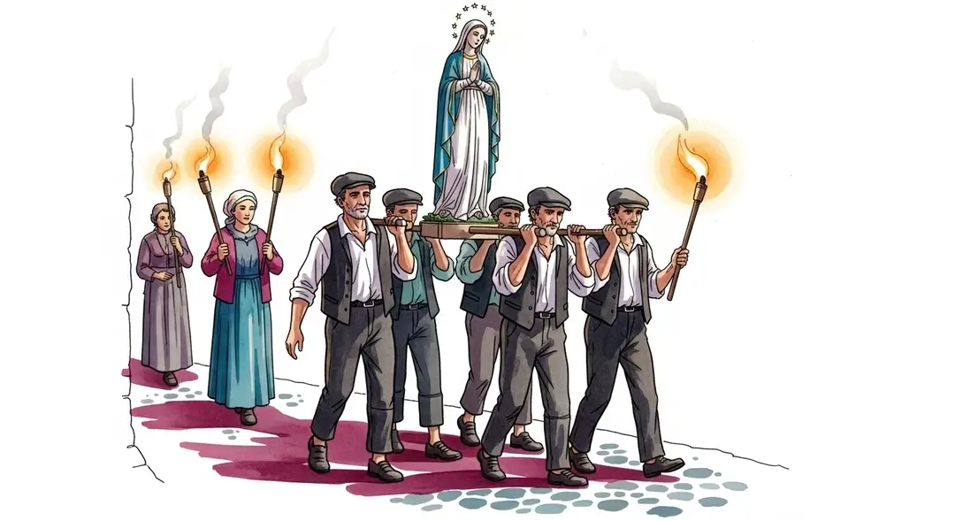 Illustration des rituels de l'Immaculée Conception sur la côte atlantique : des marins en procession portent la statue de la Vierge Marie