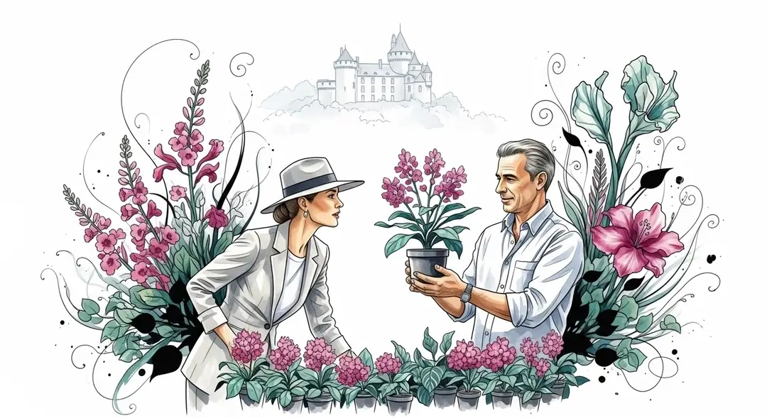 Une passionnée de jardinage à la Fête des Plantes de Courson échangeant avec un pépiniériste expert sur des plantes rares