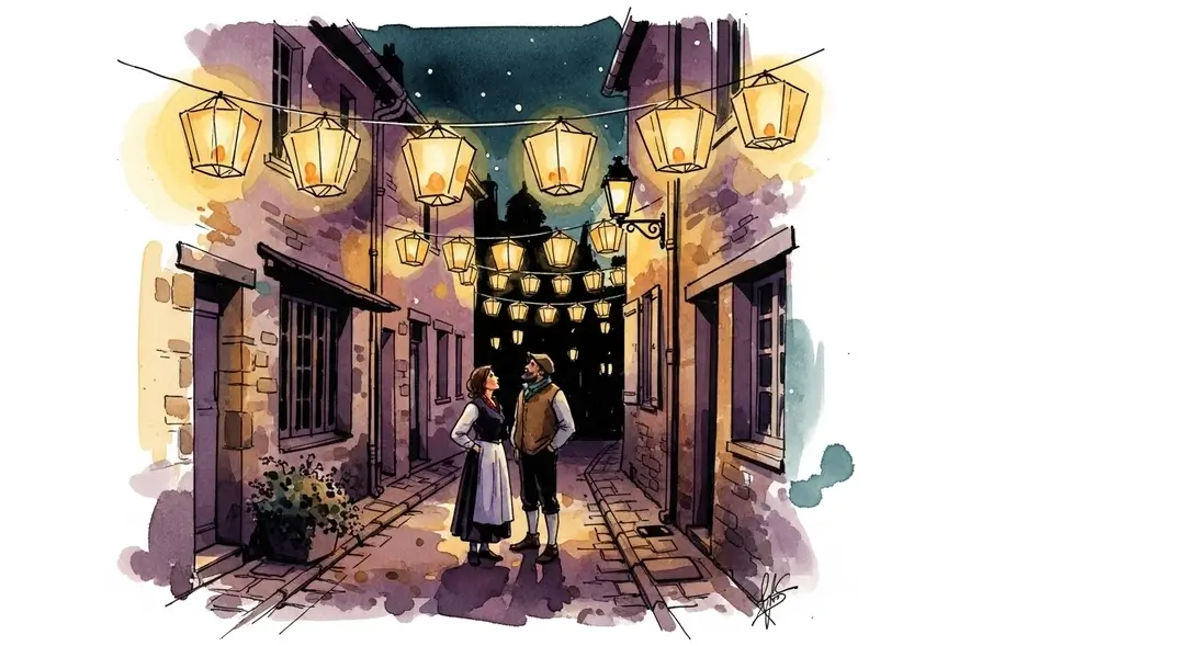 Illustration de la coutume des lanternes en Bourgogne où des lampions colorés illuminent une ruelle de village pour une fête populaire.