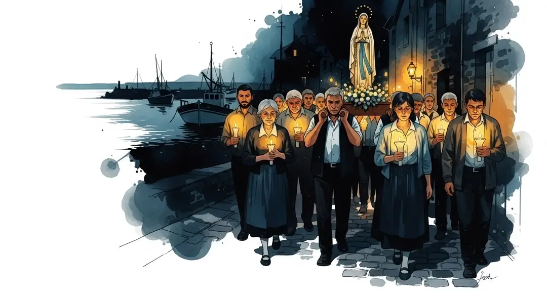 Dessin d'une procession aux flambeaux pour la fête de l'Assomption