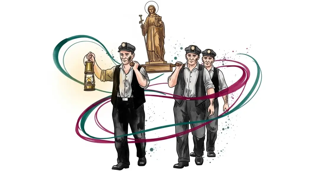Aquarelle des traditions des mineurs de Lorraine pour la fête de Sainte-Barbe