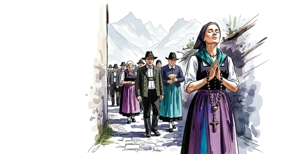 Aquarelle illustrant le chant du rosaire dans les Alpes