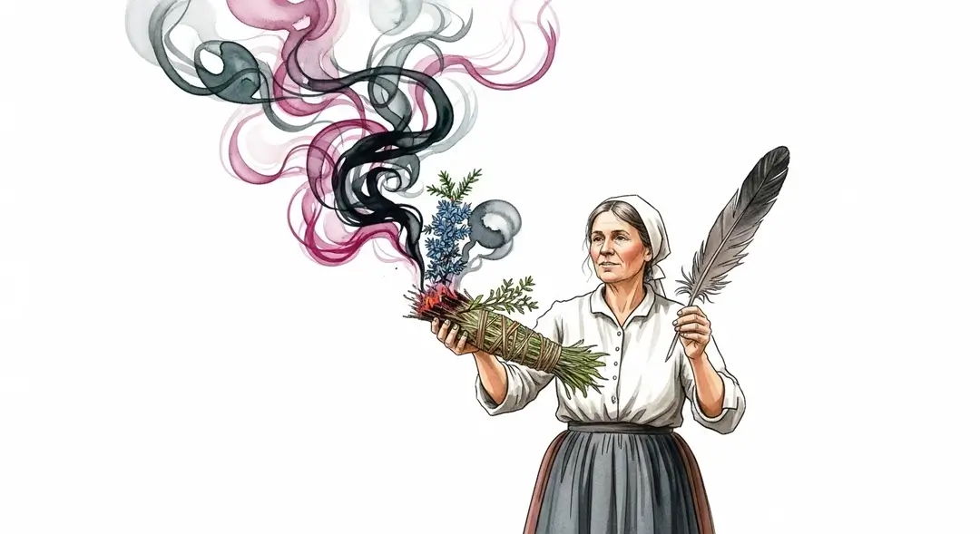 Une femme en tenue traditionnelle effectue un des anciens rituels de fumigation en Lozère