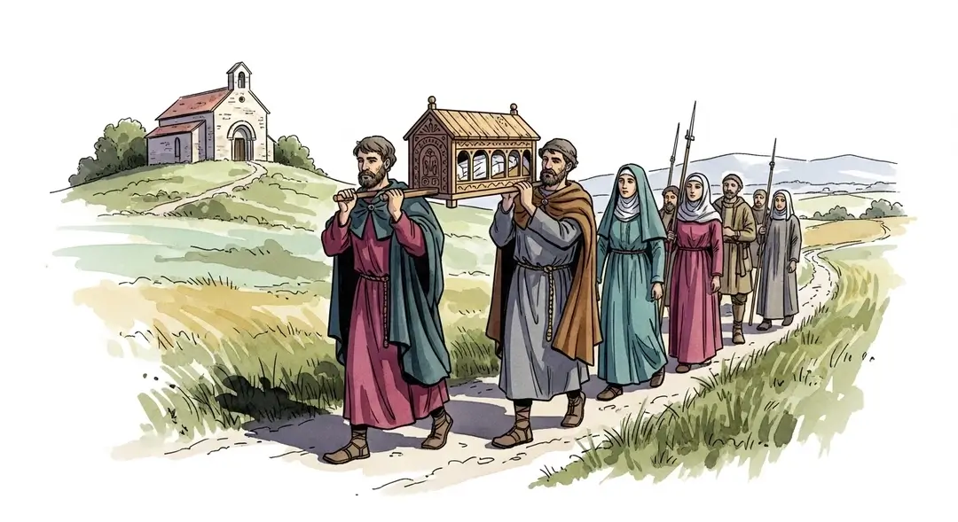 Illustration du culte de sainte Geneviève hors de Paris montrant la dévotion dans les paroisses rurales à travers une procession historique de fidèles.