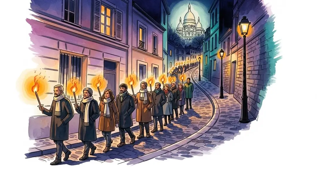 Illustration de la procession aux flambeaux de la Toussaint à Montmartre