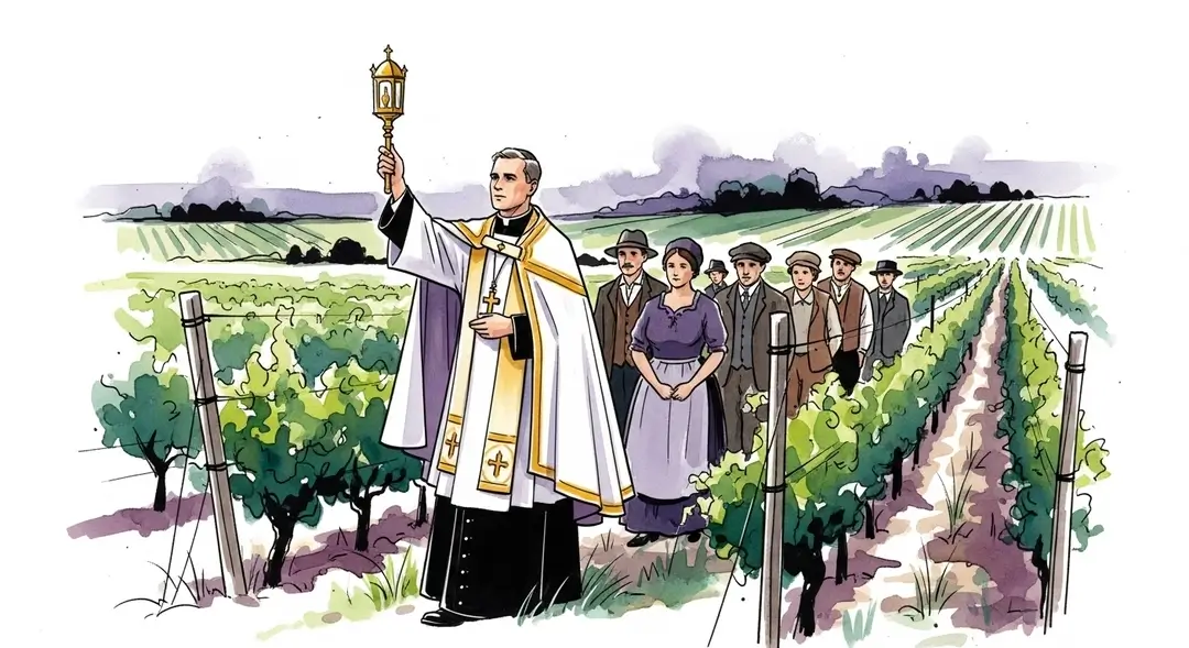 Aquarelle de la procession de la Fête-Dieu en Bourgogne montrant la bénédiction des vignes