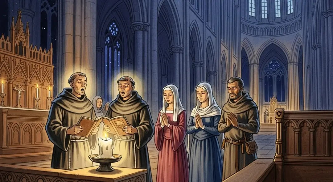 Illustration des vigiles d'été dans les cathédrales gothiques : une scène de veillée nocturne au Moyen Âge illustrant la liturgie médiévale avec des moines en prière.