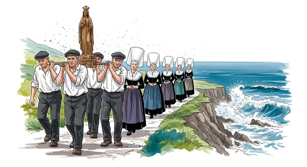 Pardon en Bretagne où des pêcheurs et des femmes en coiffe portent une statue de la Vierge