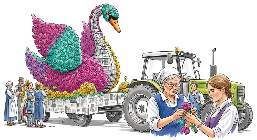 Illustration de la préparation pour les défilés de chars en Bresse