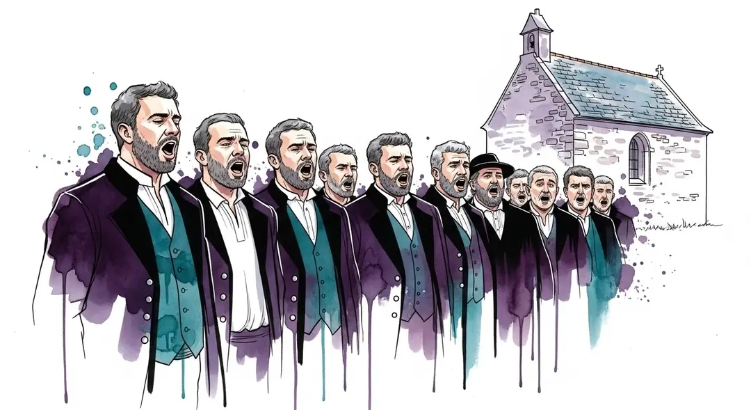 Illustration des traditions chorales de l'Ascension en Bretagne : un chœur d'hommes interprète des chants sacrés bretons lors d'une procession.