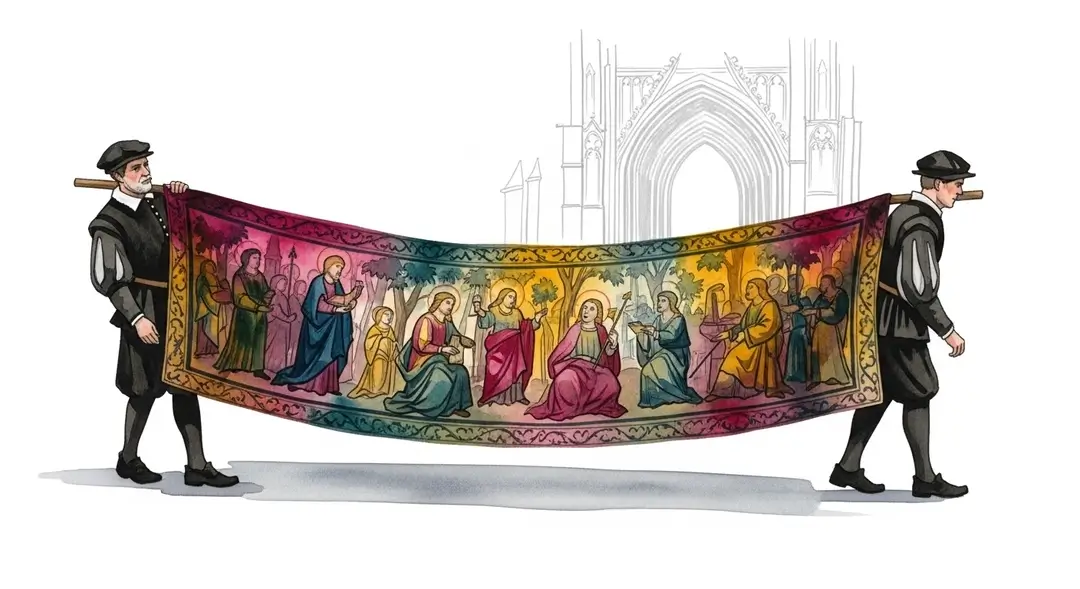 Aquarelle illustrant la conservation de tapisseries de procession en Flandre