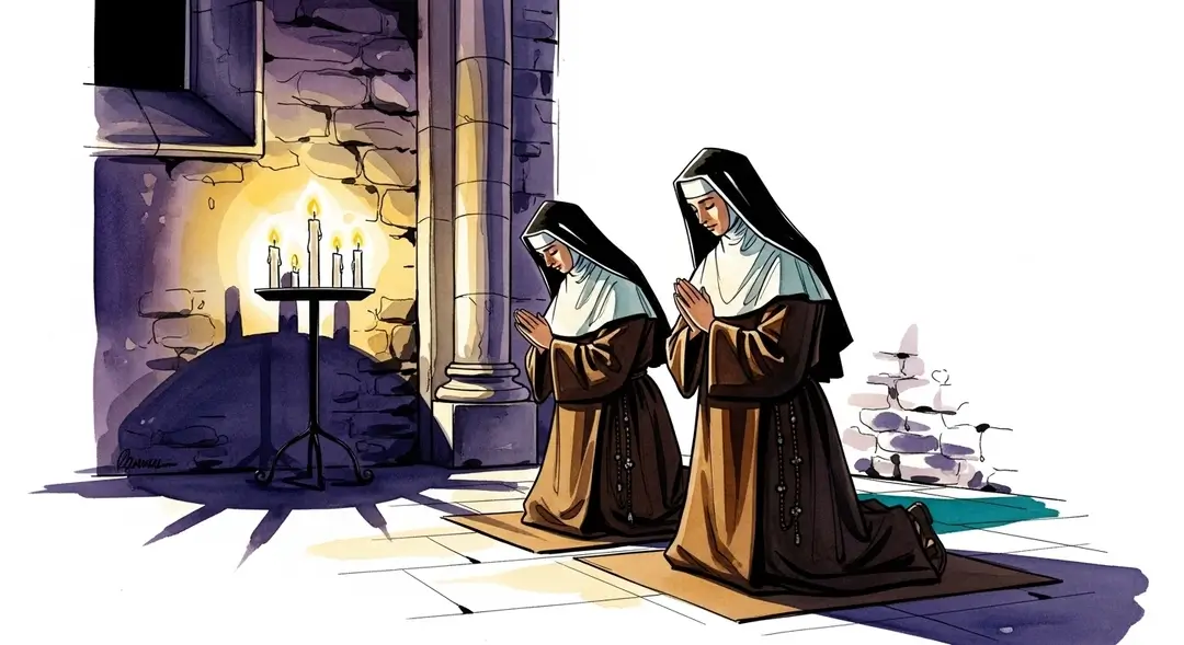 Deux religieuses de l'Ordre du Carmel durant une vigile de guérison carmélite