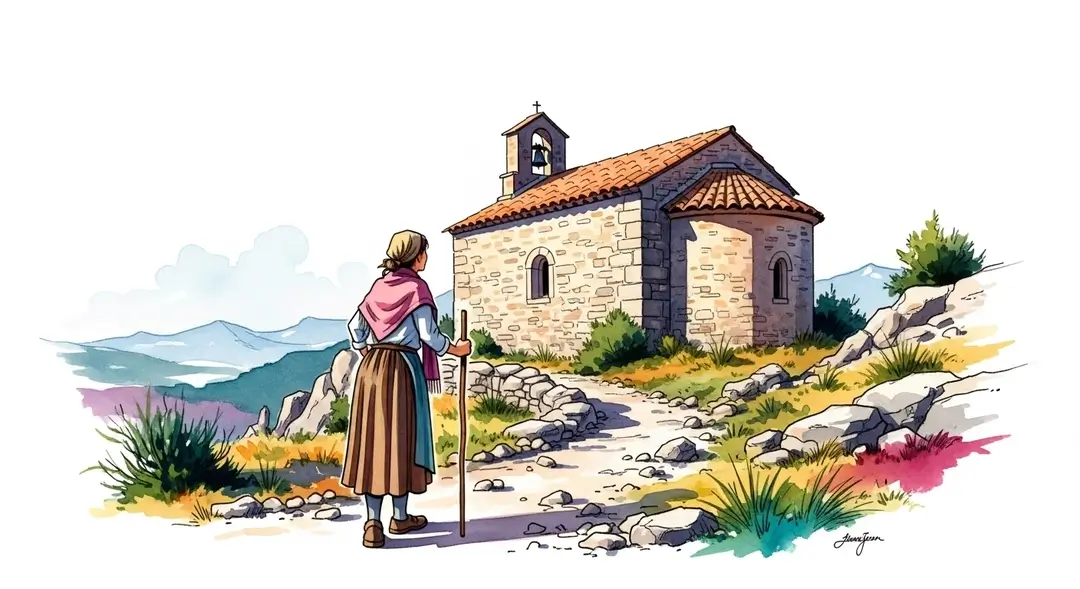 Pèlerinage à l'ermitage Saint-Vincent : une randonneuse arrive à la chapelle lors de sa randonnée dans les Alpes-de-Haute-Provence.