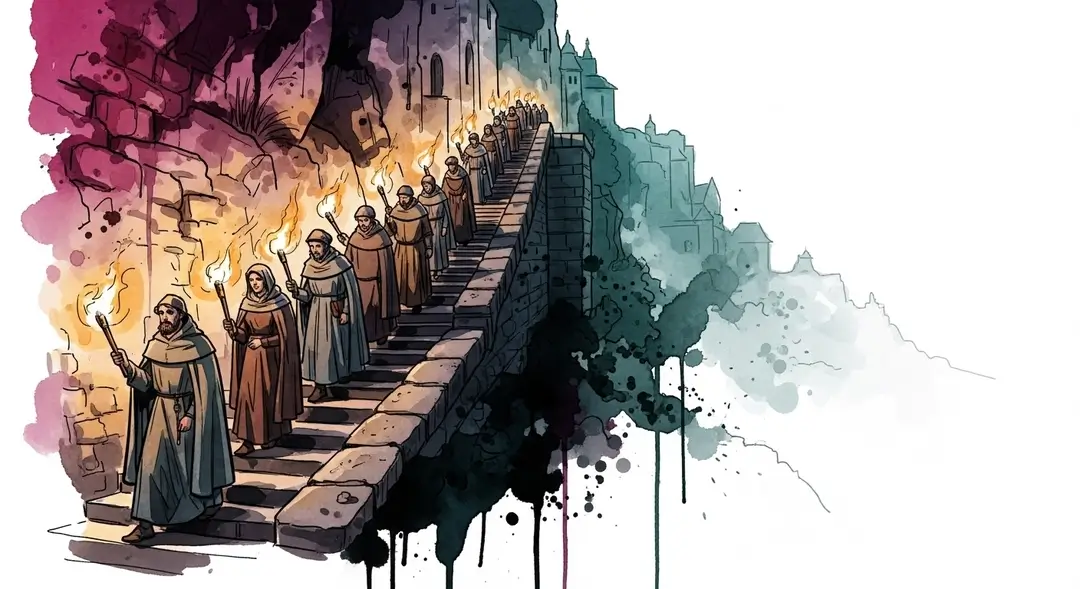 Pèlerins participant aux cérémonies et fêtes mariales de la Vierge Noire de Rocamadour montant le grand escalier
