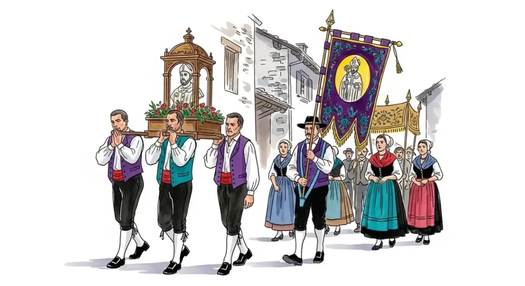 Illustration du folklore alpin montrant les processions de Saint Véran